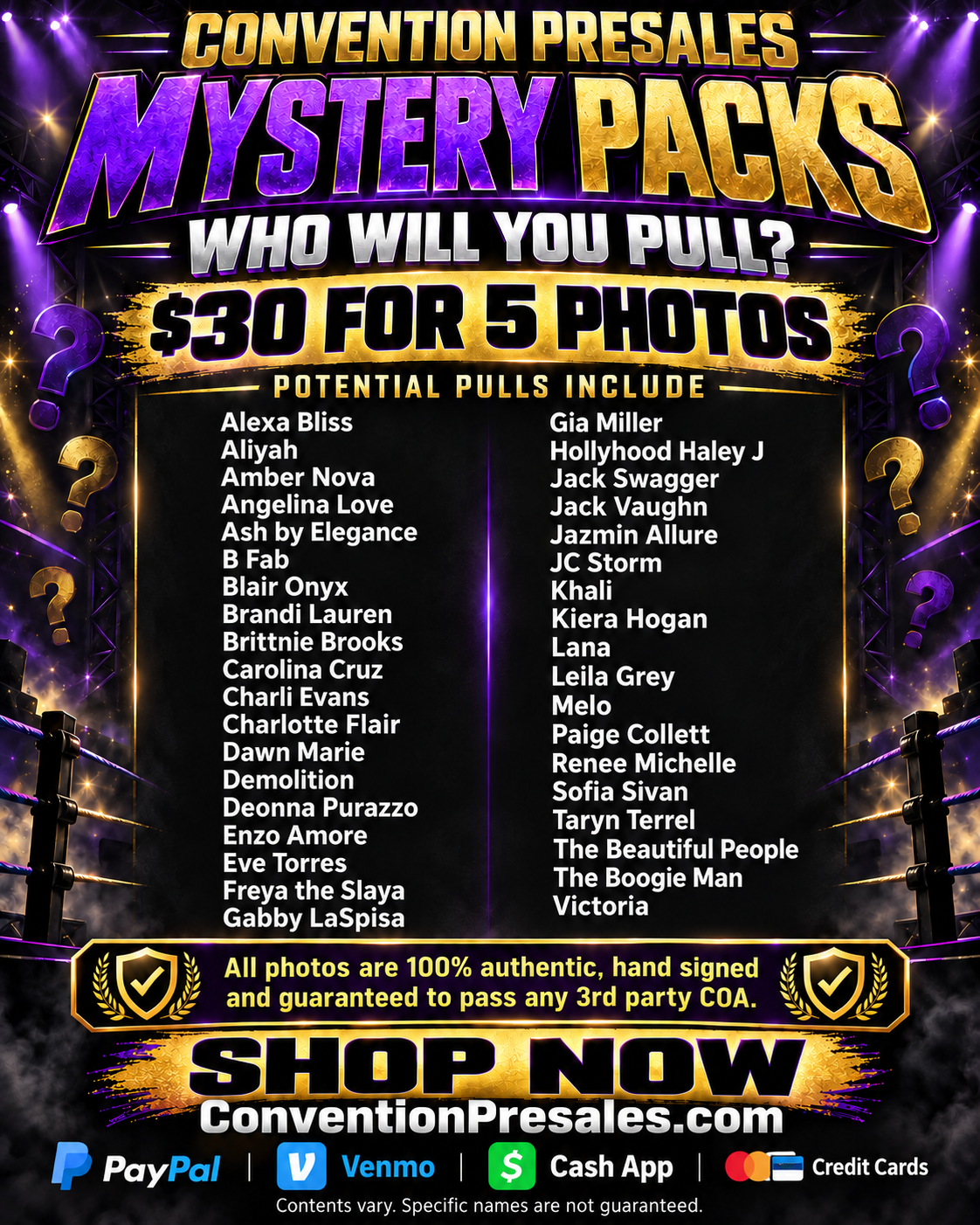 Get 5 hand-signed wrestling photos for just $30! Each mystery pack features a surprise selection from our available inventory.