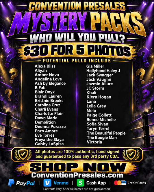 Get 5 hand-signed wrestling photos for just $30! Each mystery pack features a surprise selection from our available inventory.
