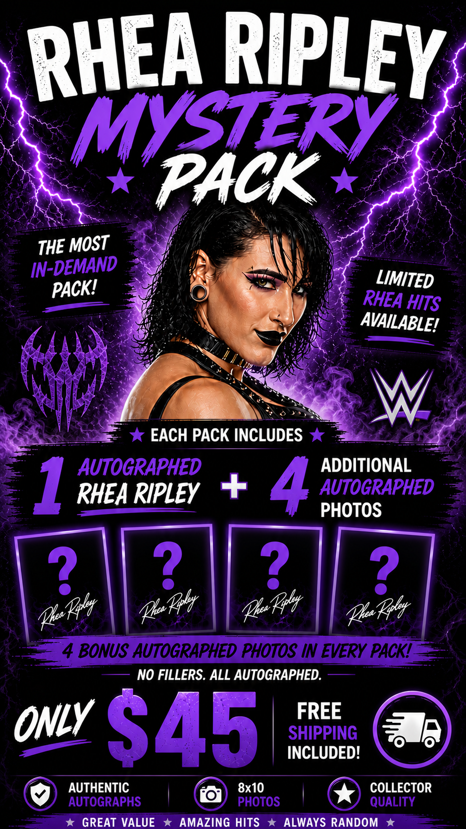 Mystery Pack One autographed 8x10 Rhea Ripley photo + four additional autographed photos