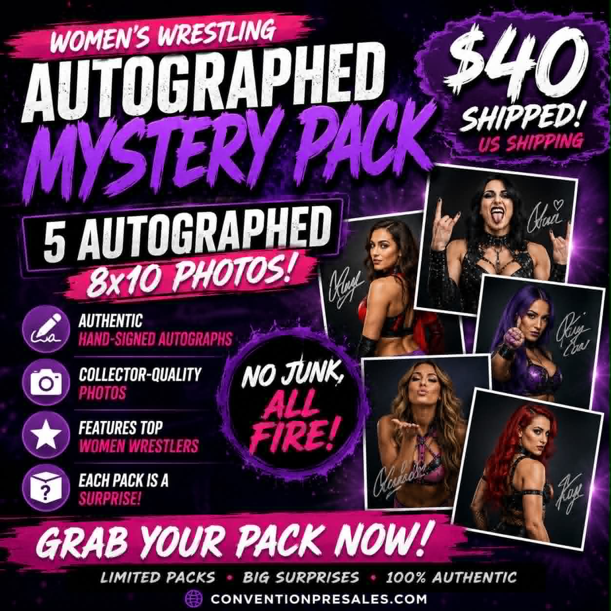 5 Photo Womens Autographed Wrestling Mystery Pack